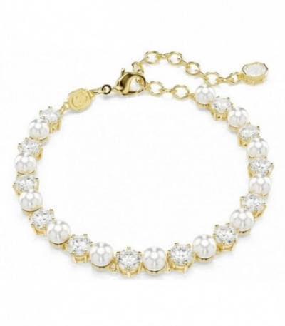 Pulsera Tennis Matrix, Perla de cristal, Talla redonda, Blanca, Baño tono oro
